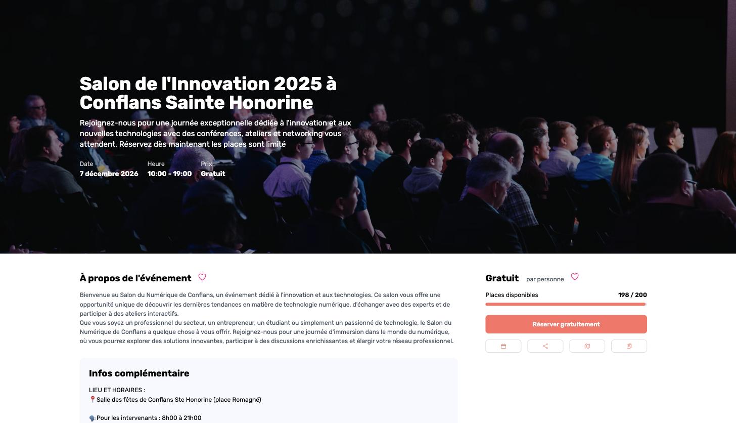 Page de réservation publique d'un événement sur EVENTCARD